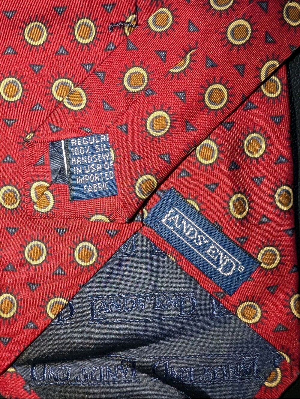 Vintage Lands End Tie Silk Red Geometric Sun